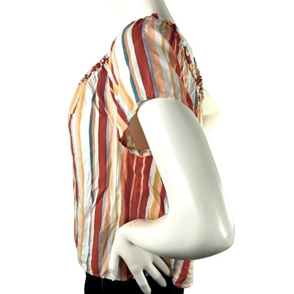 Pink Republic Juniors'  Ruched Neck Rust Ivory Blue Multi Color Strips Top Large - Picture 10 of 14